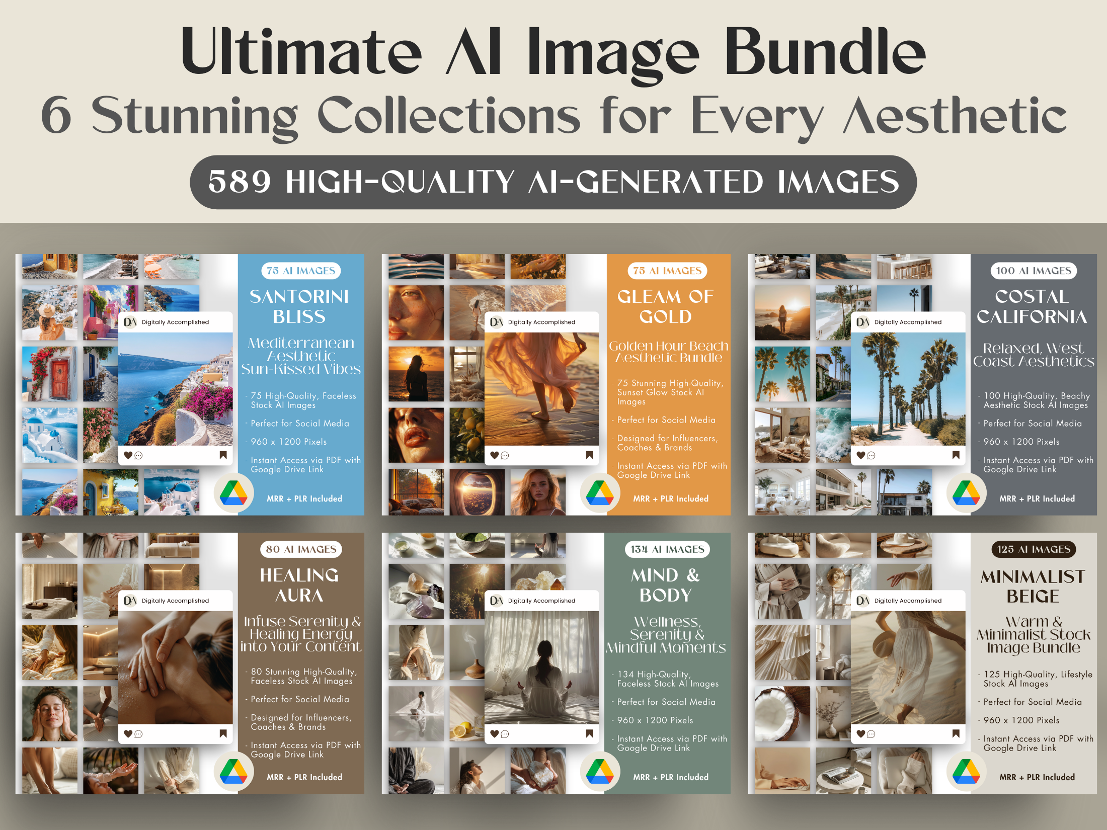 Cover image showcasing the "Ultimate AI Image Bundle," featuring six stunning collections for different aesthetics, highlighting a total of 589 high-quality AI-generated images.