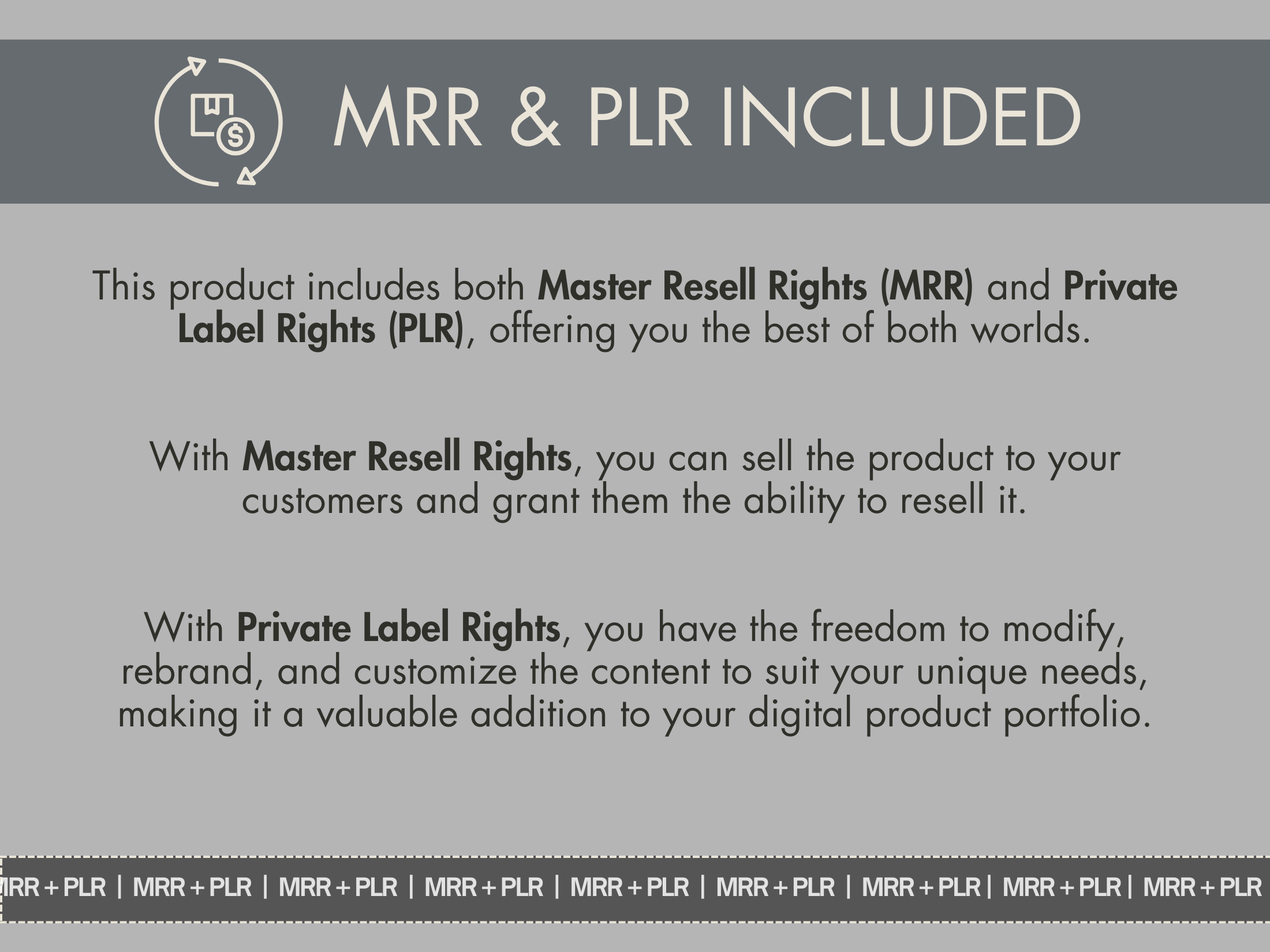 Information about Master Resell Rights (MRR) and Private Label Rights (PLR) included with the Ultimate AI Image Bundle.