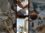 Close-up collage of images from the "Gleam of Gold" collection, focusing on sunset beach scenes, golden hour moments, and lifestyle aesthetics and Costal California showing beautiful images.