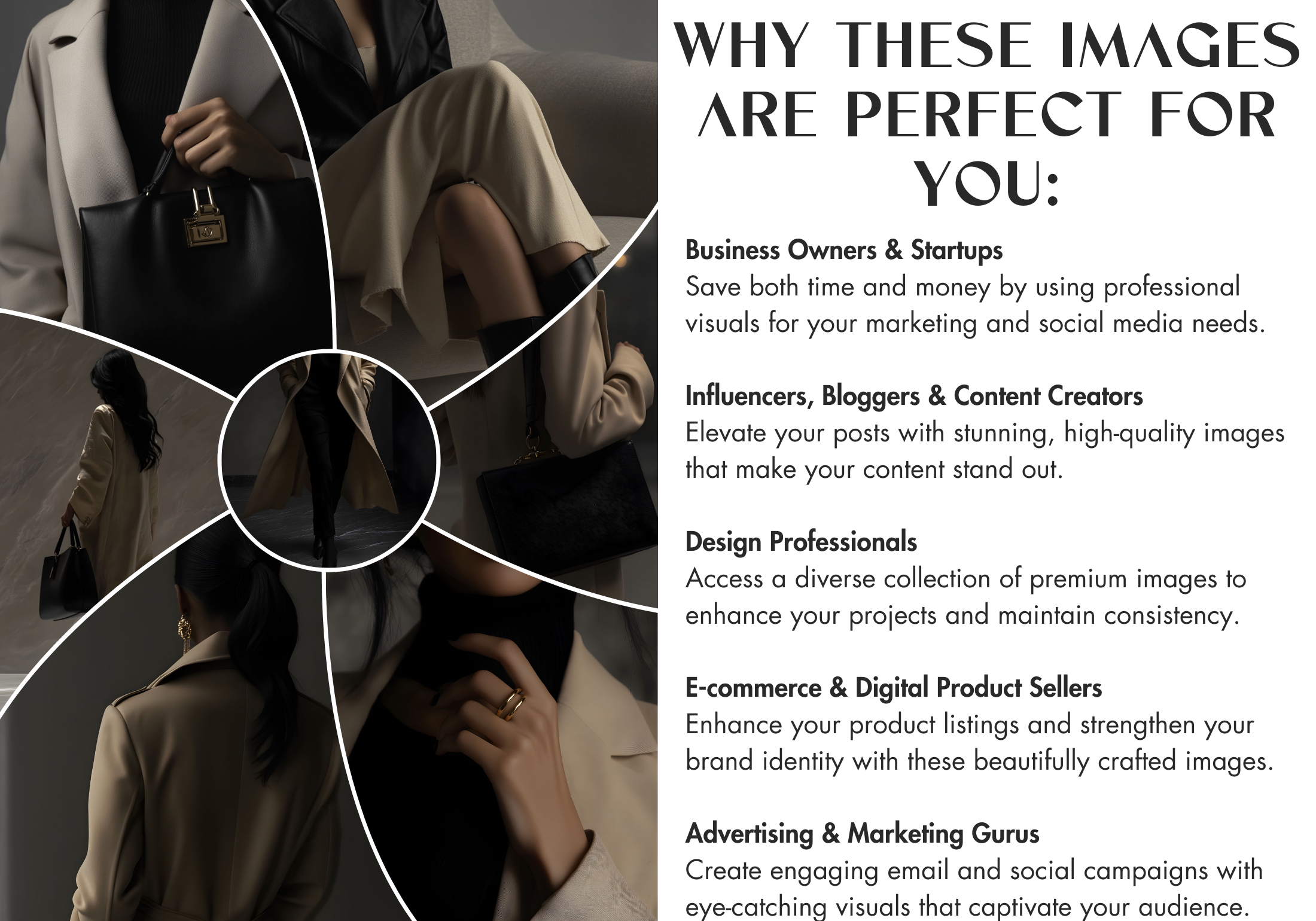 A marketing graphic explaining why the images are suitable for different professionals like business owners, influencers, designers, and e-commerce sellers. The text describes how the images can elevate social media presence with high-quality visuals.